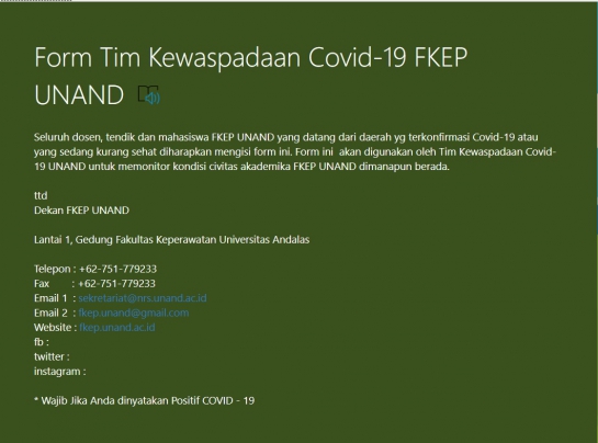Form Tim Kewaspadaan Covid-19 FKEP UNAND * Jika Anda Terindikasi COVID 19
